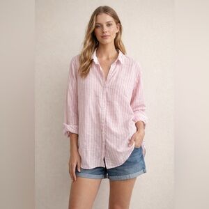 TOMMY BAHAMA Women’s 100% linen Pink Striped Button-Up Summer Beach Shirt EUC XL
